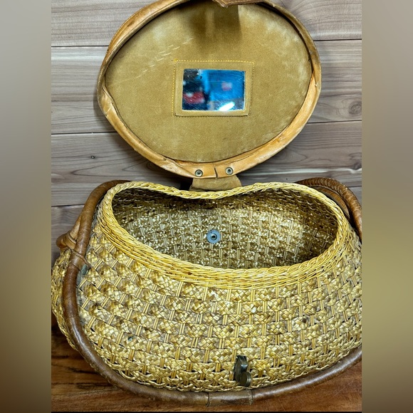 Vintage wicker & leather round rattan handwoven handbag bag tote purse creole - Picture 4 of 10